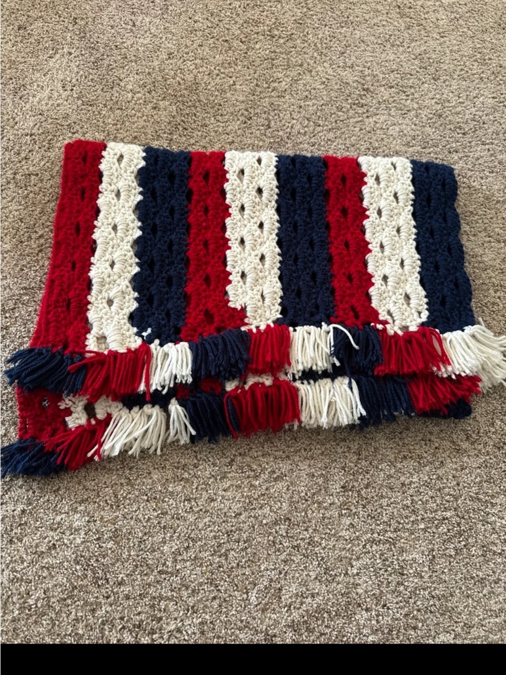 Hand Knit Crochet Red/White/Blue Blanket with tassels - Picture 11 of 12